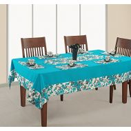 ShalinIndia Duck Cotton Turquoise Grey and White Floral and Solid Table Linen Set with 60 Inches Square Tablecloth, 4 Napkins & Table Runner