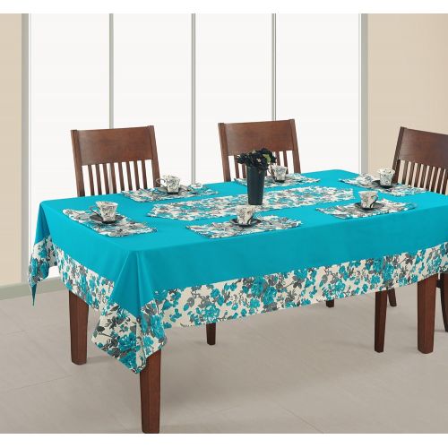  ShalinIndia Duck Cotton Turquoise Grey and White Floral and Solid Table Linen Set with 60 Inches Square Tablecloth, 4 Napkins & Table Runner