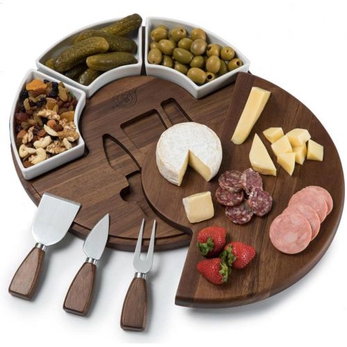  [아마존베스트]Shanik Upgraded Cheese Cutting Board Set, Acacia Wood Charcuterie Board Set, Cheese Serving Platter, Perfect Meat / Cheese Board and Utensil Set, 3 Knives, Ceramic Bowls, and Wine
