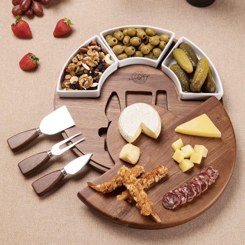 [아마존베스트]Shanik Upgraded Cheese Cutting Board Set, Acacia Wood Charcuterie Board Set, Cheese Serving Platter, Perfect Meat / Cheese Board and Utensil Set, 3 Knives, Ceramic Bowls, and Wine