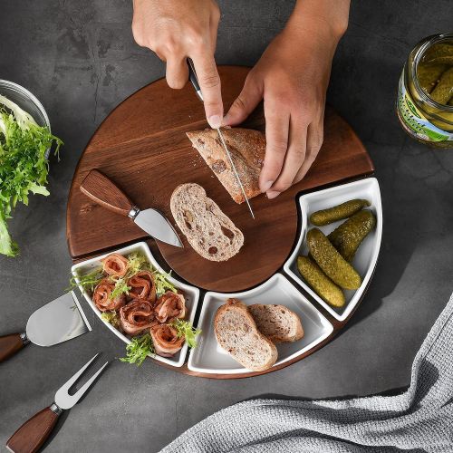  [아마존베스트]Shanik Upgraded Cheese Cutting Board Set, Acacia Wood Charcuterie Board Set, Cheese Serving Platter, Perfect Meat / Cheese Board and Utensil Set, 3 Knives, Ceramic Bowls, and Wine