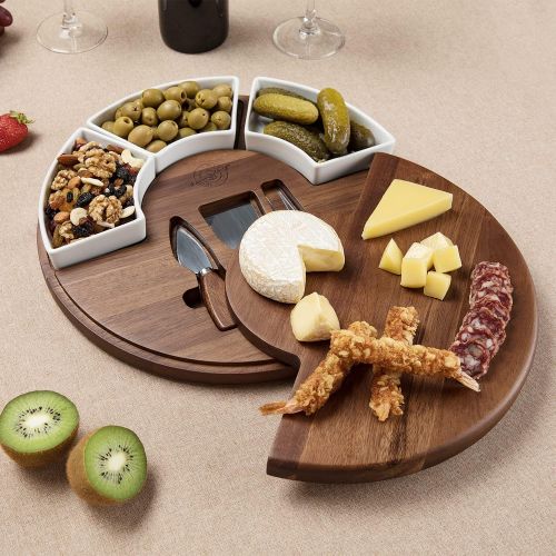  [아마존베스트]Shanik Upgraded Cheese Cutting Board Set, Acacia Wood Charcuterie Board Set, Cheese Serving Platter, Perfect Meat / Cheese Board and Utensil Set, 3 Knives, Ceramic Bowls, and Wine