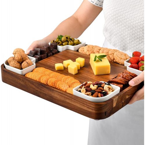  [아마존베스트]Shanik Upgraded Acacia Cheese Board Set, Square Shaped Charcuterie Set, Cheese Platter with Double Sided Slate, Handcrafted Design and Stainless Steel Cutlery Set - A Perfect Gift