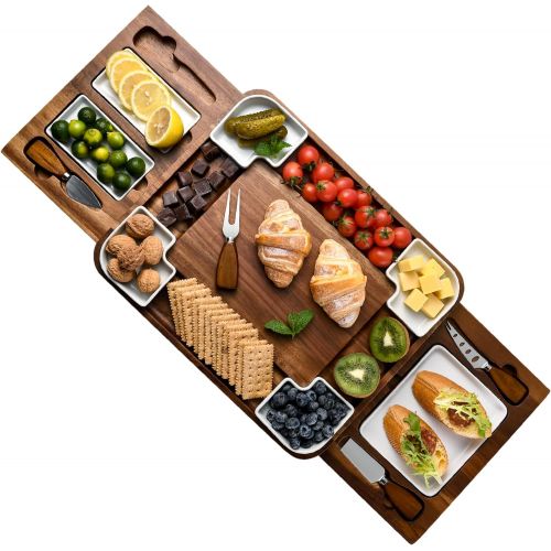  [아마존베스트]Shanik Upgraded Acacia Cheese Board Set, Square Shaped Charcuterie Set, Cheese Platter with Double Sided Slate, Handcrafted Design and Stainless Steel Cutlery Set - A Perfect Gift