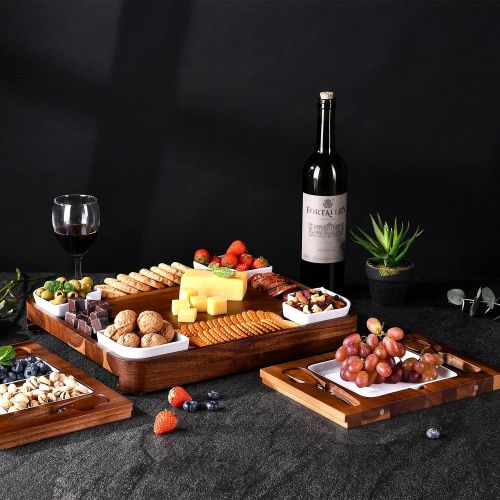  [아마존베스트]Shanik Upgraded Acacia Cheese Board Set, Square Shaped Charcuterie Set, Cheese Platter with Double Sided Slate, Handcrafted Design and Stainless Steel Cutlery Set - A Perfect Gift