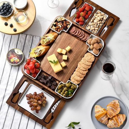  [아마존베스트]Shanik Upgraded Acacia Cheese Board Set, Square Shaped Charcuterie Set, Cheese Platter with Double Sided Slate, Handcrafted Design and Stainless Steel Cutlery Set - A Perfect Gift