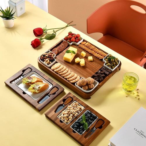  [아마존베스트]Shanik Upgraded Acacia Cheese Board Set, Square Shaped Charcuterie Set, Cheese Platter with Double Sided Slate, Handcrafted Design and Stainless Steel Cutlery Set - A Perfect Gift