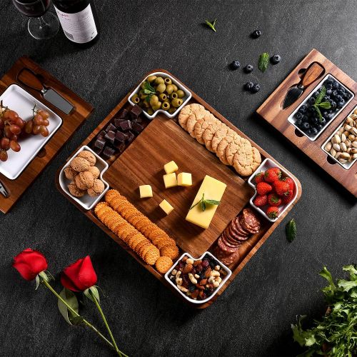  [아마존베스트]Shanik Upgraded Acacia Cheese Board Set, Square Shaped Charcuterie Set, Cheese Platter with Double Sided Slate, Handcrafted Design and Stainless Steel Cutlery Set - A Perfect Gift