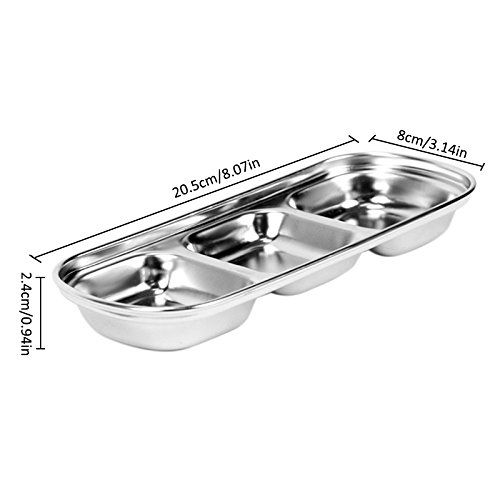  Shantan Outdoor BBQ Dip Dish Seasoning Condiment Plate, Sub-Grid Polished Stainless Steel Flavored Sauce Vinegar Barbecue Sauce Bowl Compartment Sauce Sushi Seasoning Dipping Plates