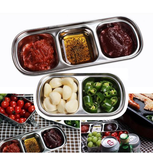  Shantan Outdoor BBQ Dip Dish Seasoning Condiment Plate, Sub-Grid Polished Stainless Steel Flavored Sauce Vinegar Barbecue Sauce Bowl Compartment Sauce Sushi Seasoning Dipping Plates