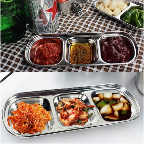  Shantan Outdoor BBQ Dip Dish Seasoning Condiment Plate, Sub-Grid Polished Stainless Steel Flavored Sauce Vinegar Barbecue Sauce Bowl Compartment Sauce Sushi Seasoning Dipping Plates