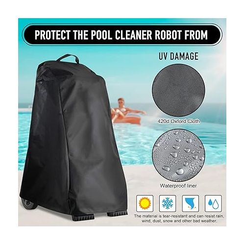  Robotic Pool Cleaner Caddy Cover Classic Outdoor Waterproof Vacuum Cleaner Cover 420D Oxford Cloth Thick Sunray Dust Wind Weather Resistant Cleaner Cover with Grab Handle for Pool Cleaners