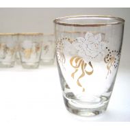 /SharetheLoveVintage Libbey Juice Glasses, Set of 4, White Rose Gold Ribbons, Mid Century Modern, Hollywood Regency, Gold Rims