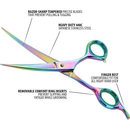  Sharf Professional 6.5 Curved Rainbow Pet Grooming Scissors: Sharp 440c Japanese Clipping Shears for Dogs, Cats & Small Animals| Rainbow Series Hair Cutting/Clipping Scissors w/Eas