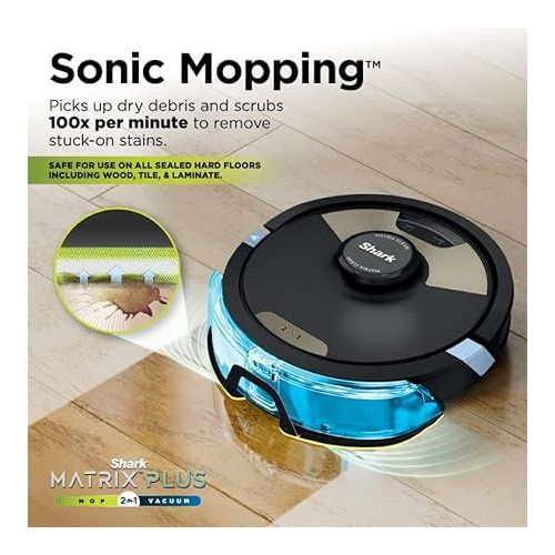  Shark Matrix Plus 2in1 Robot Vacuum & Mop with Sonic Mopping, Matrix Clean, Home Mapping, HEPA Bagless Self Empty Base, CleanEdge, for Pet Hair, Wifi, Black/Gold (AV2610WA)