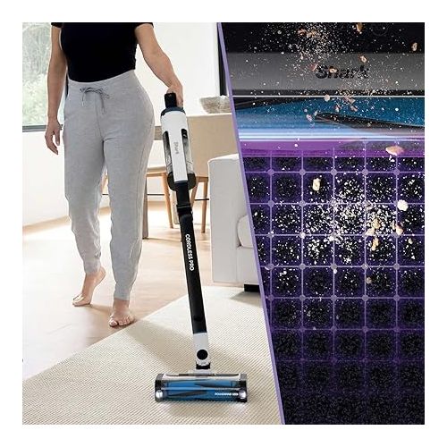  Shark UZ565H Pro Cordless Vacuum w/ Clean Sense IQ & MultiFLEX Technology, PowerFins Plus Brushroll, Duster Crevice Tool & Anti-Allergen Dusting Brush, Up to 40 Minute Runtime, White/Blue (Renewed)