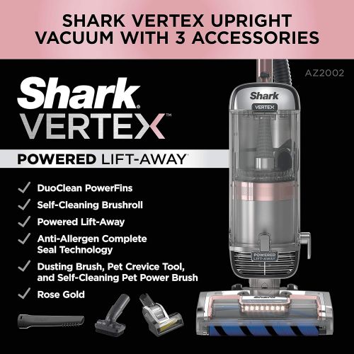  Shark AZ2002 Vertex DuoClean PowerFins Upright Vacuum with Powered Lift-Away Self-Cleaning Brushroll and HEPA Filter, 1 Quart Dust Cup Capacity, Rose Gold