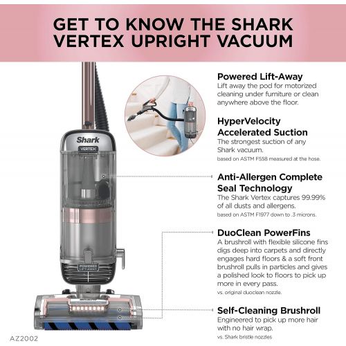  Shark AZ2002 Vertex DuoClean PowerFins Upright Vacuum with Powered Lift-Away Self-Cleaning Brushroll and HEPA Filter, 1 Quart Dust Cup Capacity, Rose Gold