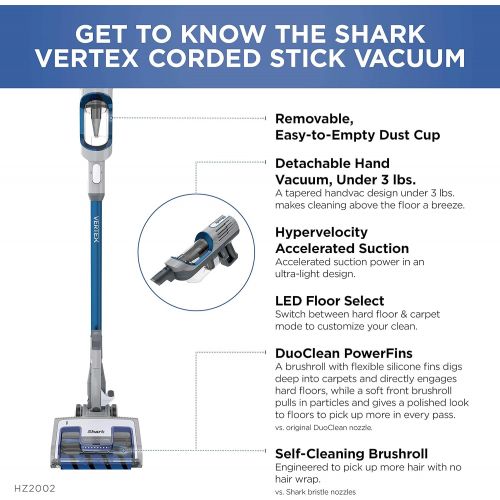  Shark HZ2002 Vertex Corded Ultralight DuoClean PowerFins Stick Vacuum with Self-Cleaning Brushroll Removable Handheld, 0.32 Dry Quart Cup Capacity, Crevice Tool, Dusting and Pet Po