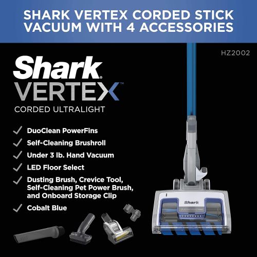  Shark HZ2002 Vertex Corded Ultralight DuoClean PowerFins Stick Vacuum with Self-Cleaning Brushroll Removable Handheld, 0.32 Dry Quart Cup Capacity, Crevice Tool, Dusting and Pet Po