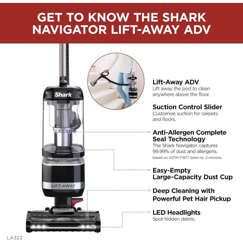  Shark LA322 Navigator Lift-Away ADV Corded Upright Vacuum with Pet Power Brush Crevice and Upholstery Tool, Black