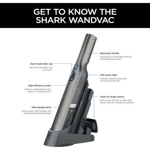  Shark WV201 WANDVAC Handheld Vacuum, Lightweight at 1.4 Pounds with Powerful Suction, Charging Dock, Single Touch Empty and Detachable Dust Cup