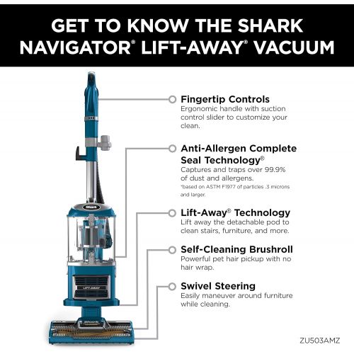  Shark ZU503AMZ Navigator Lift-Away Upright Vacuum with Self-Cleaning Brushroll, HEPA Filter, Swivel Steering, Upholstery Tool & Pet Crevice Tool, Perfect for Pets & Multi-Surface C