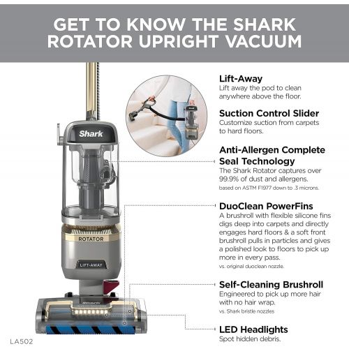  Shark LA502 Rotator Lift-Away ADV DuoClean PowerFins Upright Vacuum with Self-Cleaning Brushroll Powerful Pet Hair Pickup and HEPA Filter, w/Duo, Silver