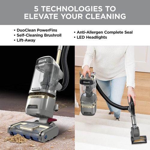  Shark LA502 Rotator Lift-Away ADV DuoClean PowerFins Upright Vacuum with Self-Cleaning Brushroll Powerful Pet Hair Pickup and HEPA Filter, w/Duo, Silver