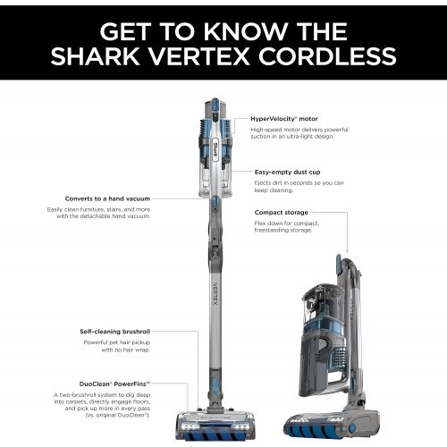  Shark IZ462H Vertex Ultra Lightweight Cordless Stick Vacuum with DuoClean PowerFins, Crevice, Pet Multi-Tool, Anti-Allergen, Brush, Removable Handheld, Flex, 60 min Runtime, Blue