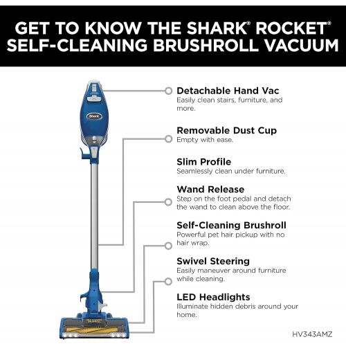  Shark HV343AMZ Rocket Corded Stick Vacuum with Self-Cleaning Brushroll, Lightweight & Maneuverable, Perfect for Pet Hair Pickup, Converts to a Hand Vacuum, with Crevice & Upholster