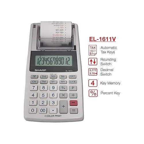  Sharp EL-1611V Handheld Portable Cordless 12 Digit Large LCD Display Two-Color Printing Calculator with Tax Functions, 191 x 99 x 42 mm