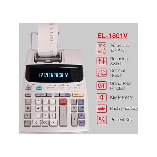  Sharp EL-1801V Ink Printing Calculator, Fluorescent Display, AC, Off-White