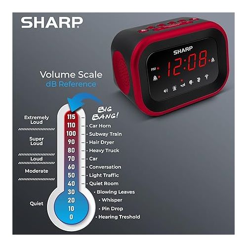  Sharp Big Bang Super Loud Alarm Clock for Heavy Sleepers, 6 Extremely Loud Wake Up Sounds: Rooster, Bugle, Nagging Mom, Jackhammer, Siren, Beep - Up to 115db Volume, Red/Black with Red LED Display