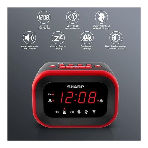  Sharp Big Bang Super Loud Alarm Clock for Heavy Sleepers, 6 Extremely Loud Wake Up Sounds: Rooster, Bugle, Nagging Mom, Jackhammer, Siren, Beep - Up to 115db Volume, Red/Black with Red LED Display