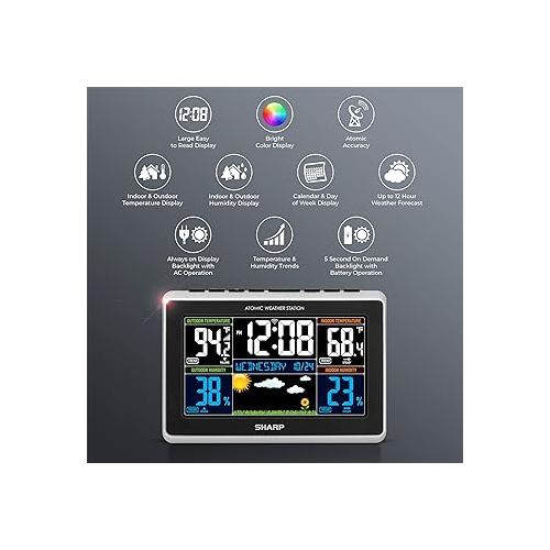  Sharp Weather Station with Easy to Read Color Display - Wireless Indoor Outdoor Thermometer and Humidity, Atomic Clock, Alarm and Calendar, 12 Hour Forecast, AC or Battery Powered