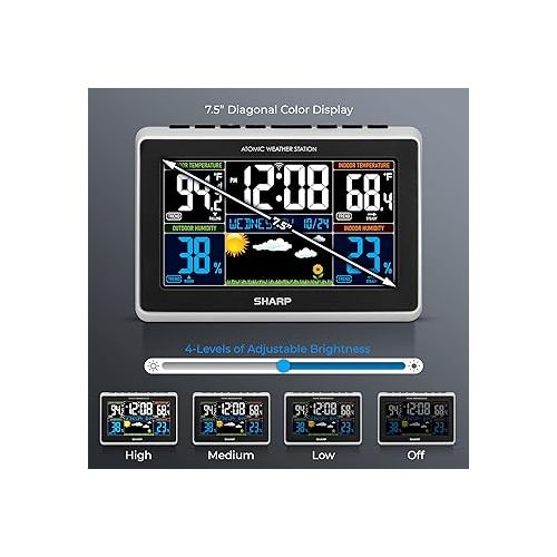  Sharp Weather Station with Easy to Read Color Display - Wireless Indoor Outdoor Thermometer and Humidity, Atomic Clock, Alarm and Calendar, 12 Hour Forecast, AC or Battery Powered