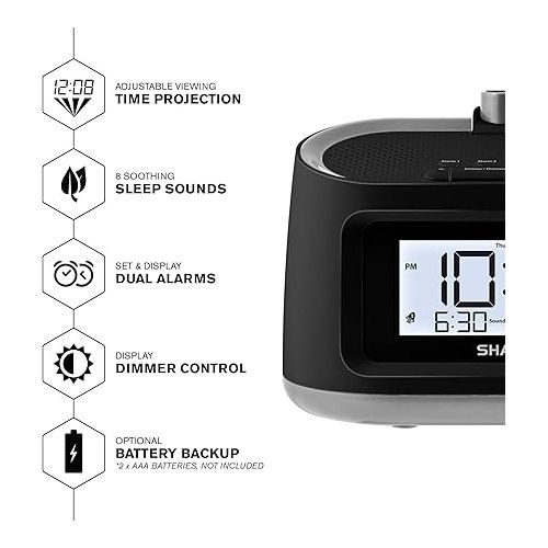  SHARP LCD and Projection Alarm Clock with 8 Soothing Nature Sleep Sounds - Project onto Wall or Ceiling, Black with Gunmetal Trim