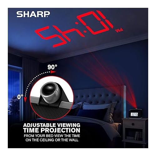  SHARP LCD and Projection Alarm Clock with 8 Soothing Nature Sleep Sounds - Project onto Wall or Ceiling, Black with Gunmetal Trim