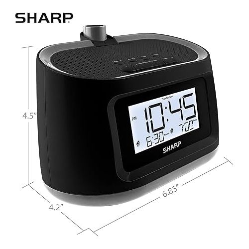  SHARP LCD and Projection Alarm Clock with 8 Soothing Nature Sleep Sounds - Project onto Wall or Ceiling, Black with Gunmetal Trim