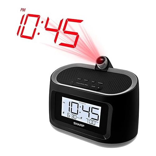  SHARP LCD and Projection Alarm Clock with 8 Soothing Nature Sleep Sounds - Project onto Wall or Ceiling, Black with Gunmetal Trim