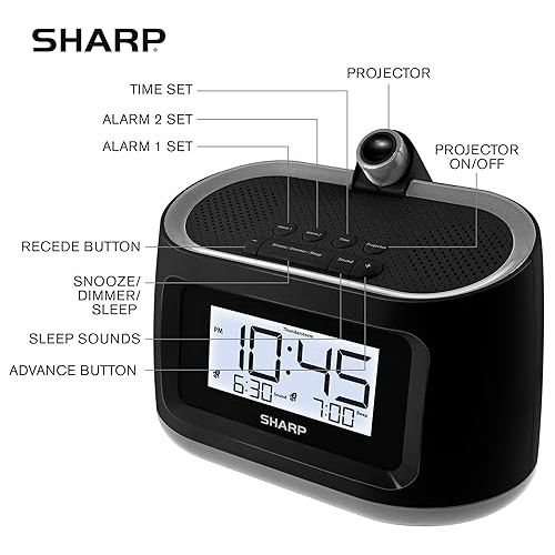  SHARP LCD and Projection Alarm Clock with 8 Soothing Nature Sleep Sounds - Project onto Wall or Ceiling, Black with Gunmetal Trim