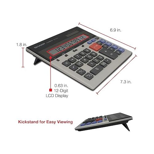  Sharp QS-2130 12-Digit Commercial Desktop Calculator with Kickstand, Arithmetic Logic, Battery and Solar Hybrid Powered LCD Display, Great For Home and Office Use,Gray and Black Small