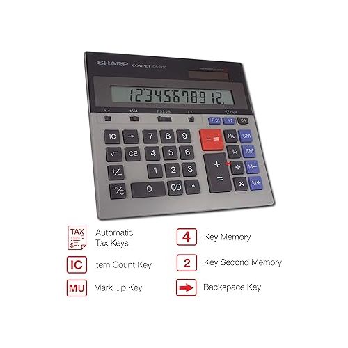  Sharp QS-2130 12-Digit Commercial Desktop Calculator with Kickstand, Arithmetic Logic, Battery and Solar Hybrid Powered LCD Display, Great For Home and Office Use,Gray and Black Small