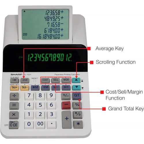  [아마존베스트]Sharp El-1501 Compact Cordless Paperless Large 12-Digit Display Desktop Printing Calculator That Utilizes Printing Calculator Logic