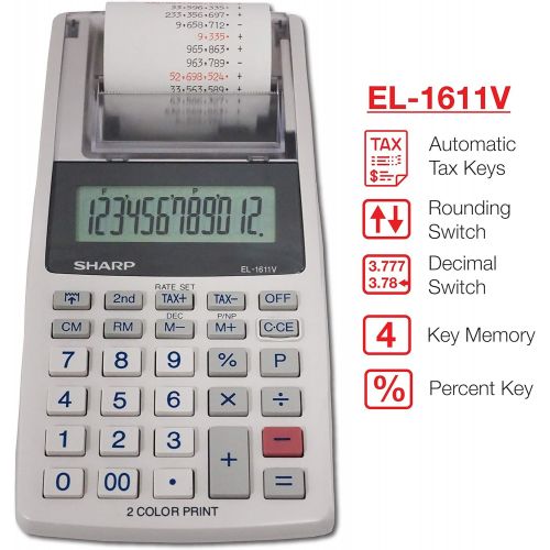  [아마존베스트]Sharp EL-1611V Handheld Portable Cordless 12 Digit Large LCD Display Two-Color Printing Calculator with Tax Functions, 191 x 99 x 42 mm