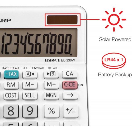  [아마존베스트]Sharp EL-330WB Standard Function Basic Desktop Calculator, Large Display, For Home and Office, Dual Power, Solar and Battery