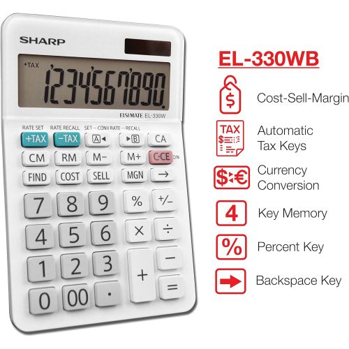  [아마존베스트]Sharp EL-330WB Standard Function Basic Desktop Calculator, Large Display, For Home and Office, Dual Power, Solar and Battery