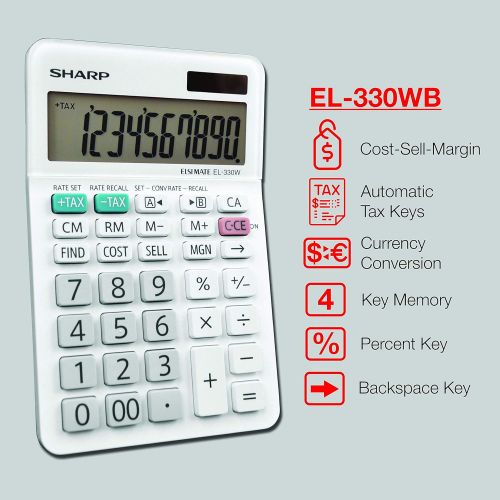  [아마존베스트]Sharp EL-330WB Standard Function Basic Desktop Calculator, Large Display, For Home and Office, Dual Power, Solar and Battery