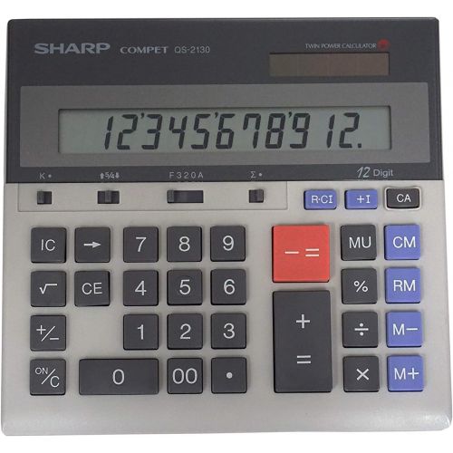  Sharp QS-2130 12-Digit Commercial Desktop Calculator with Kickstand, Arithmetic Logic, Battery and Solar Hybrid Powered LCD Display, Great For Home and Office Use,Gray and Black